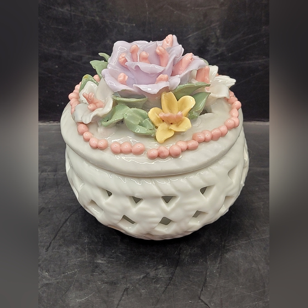 Vintage Porcelain Floral Trinket Box Lattice Ceramic Hand Painted Flowers Small